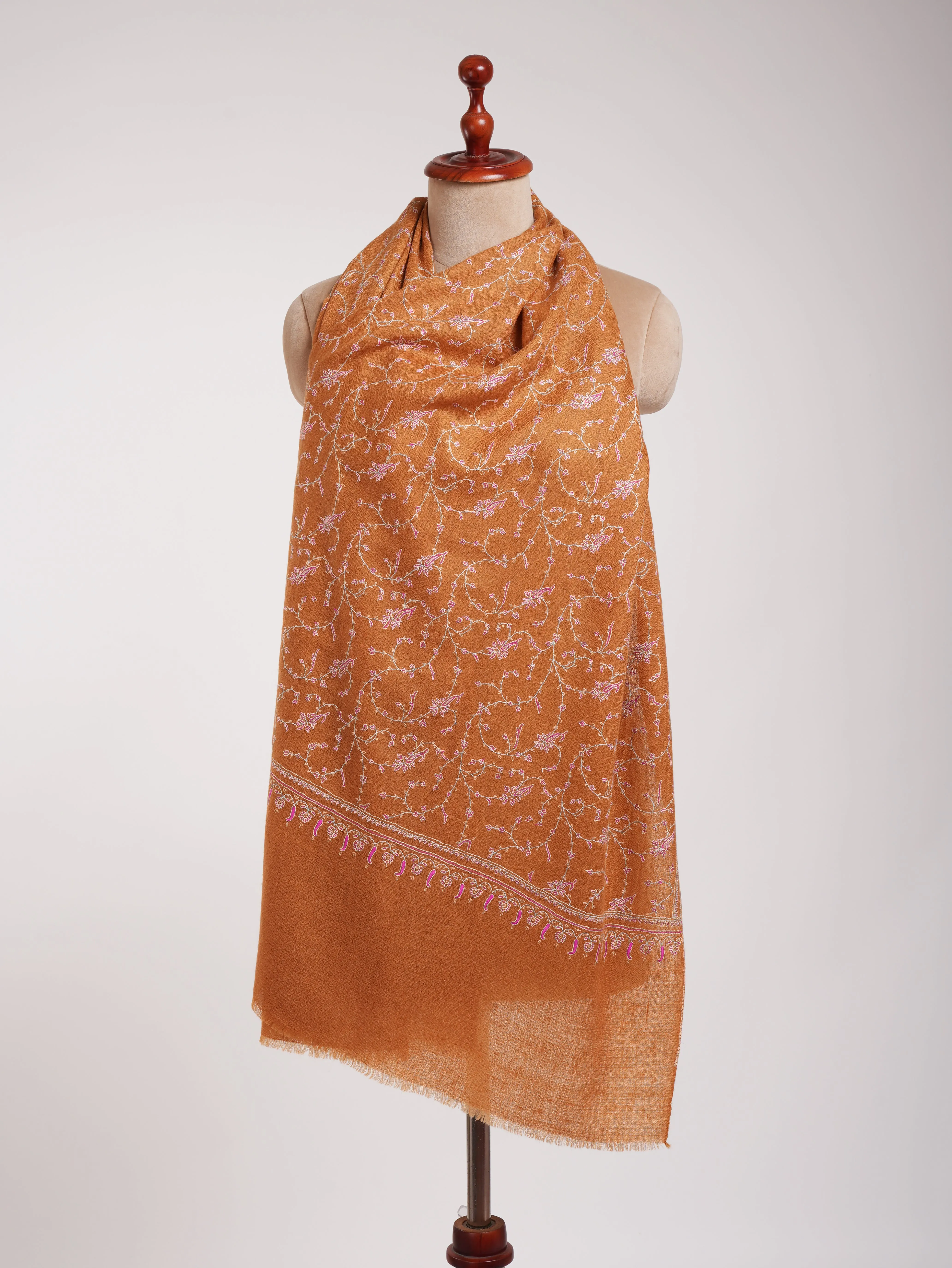 Tomato Cream Color Hand Embroidered Indian Cashmere Scarf