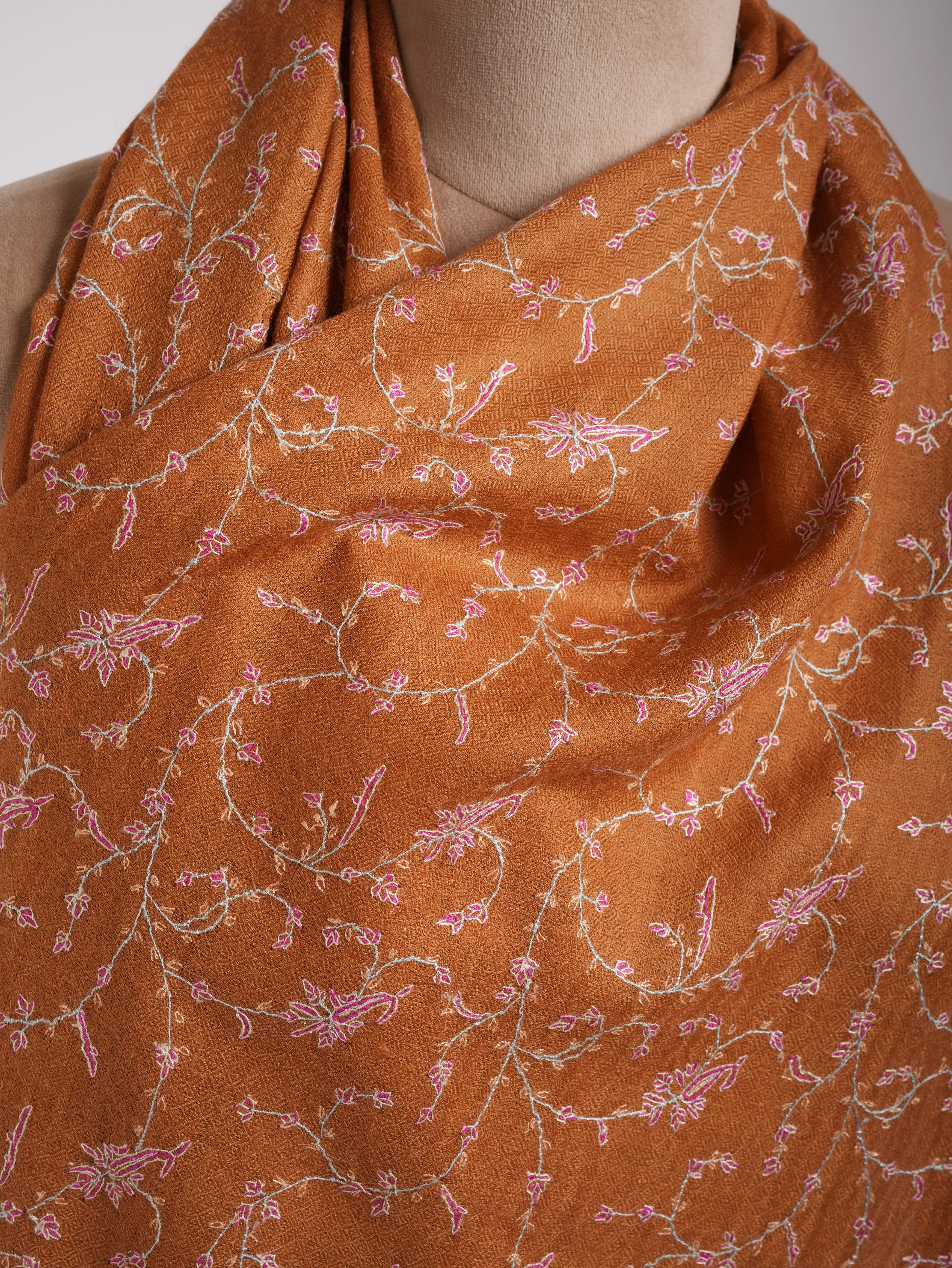 Tomato Cream Color Hand Embroidered Indian Cashmere Scarf