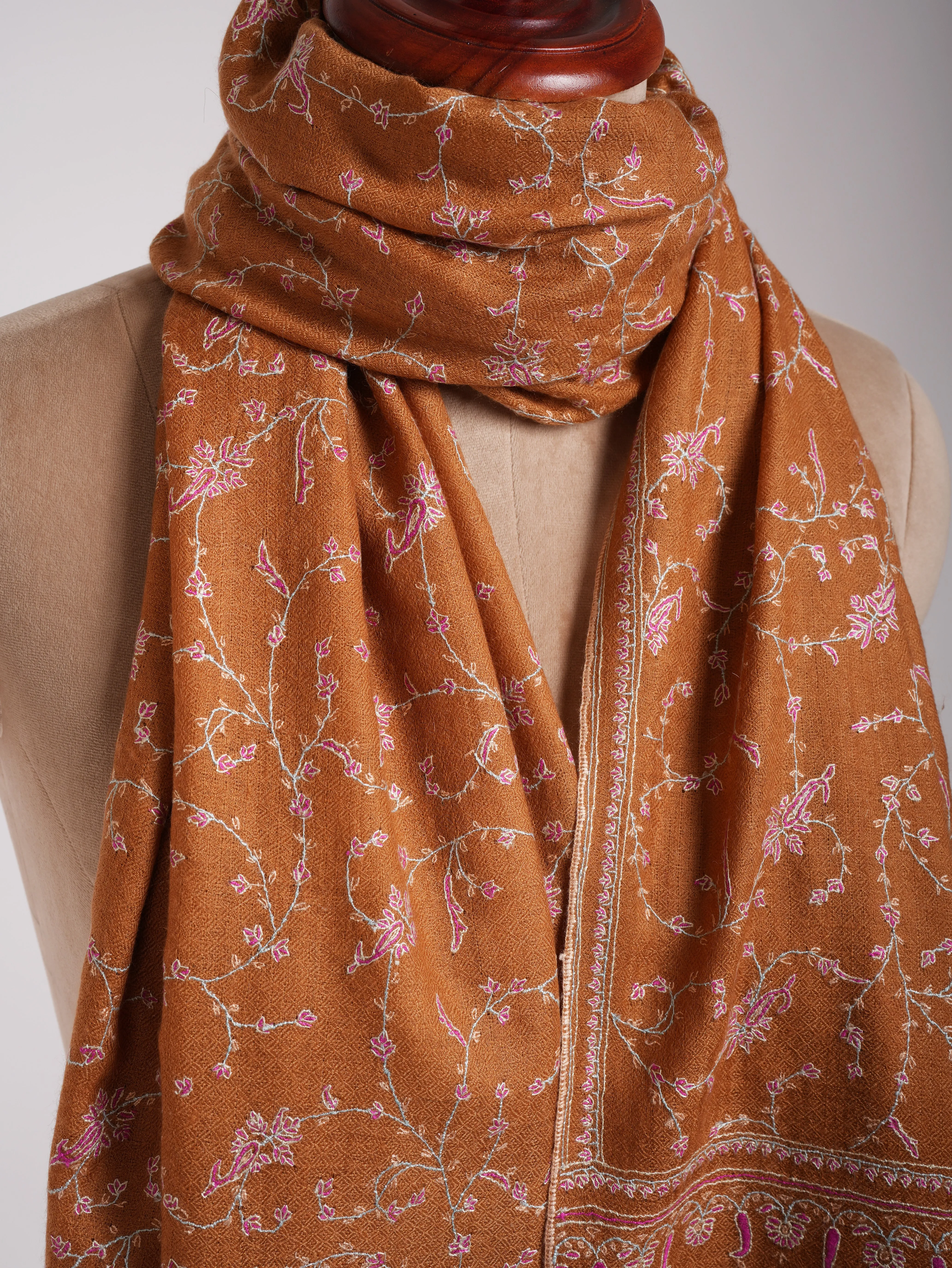 Tomato Cream Color Hand Embroidered Indian Cashmere Scarf