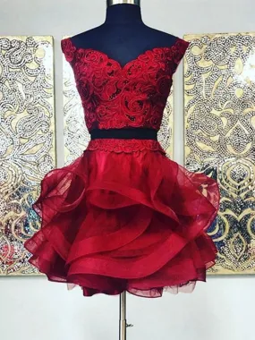 Two Pieces Short Burgundy Lace Prom, Burgundy Lace Formal Graduation Homecoming