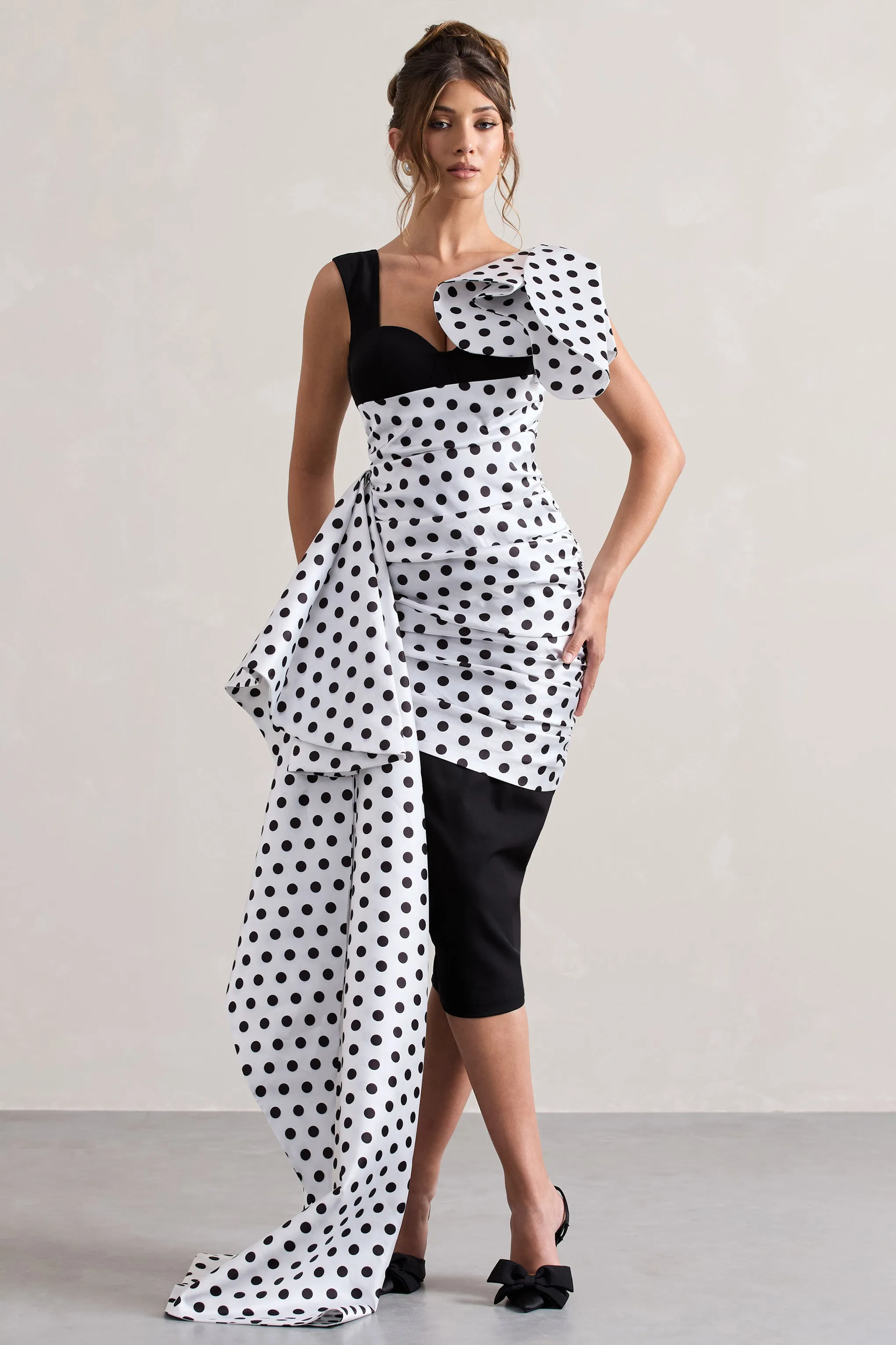 Unattainable | Black Polka Dot Wrap Midi Dress Volume Drape