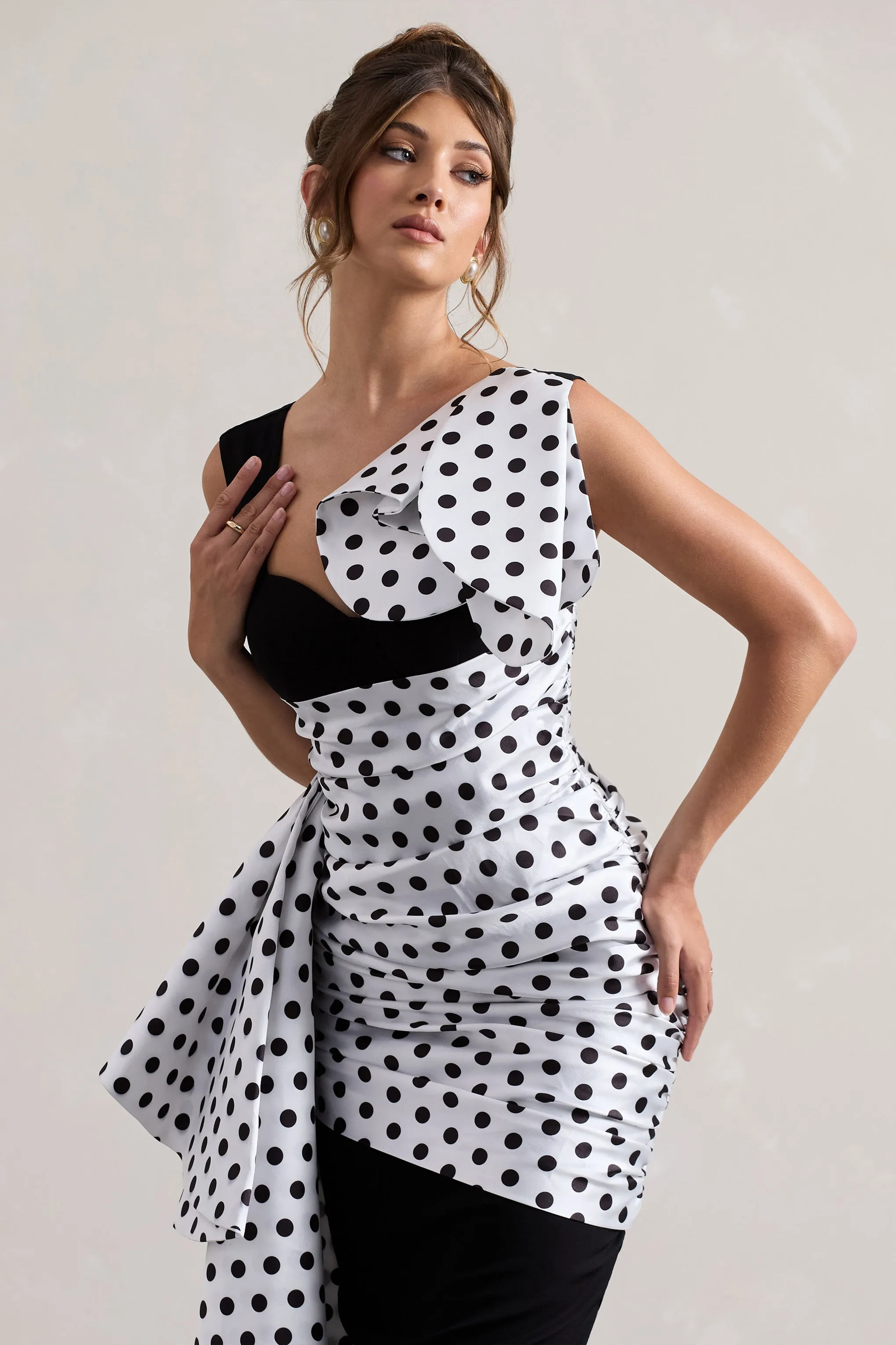 Unattainable | Black Polka Dot Wrap Midi Dress Volume Drape