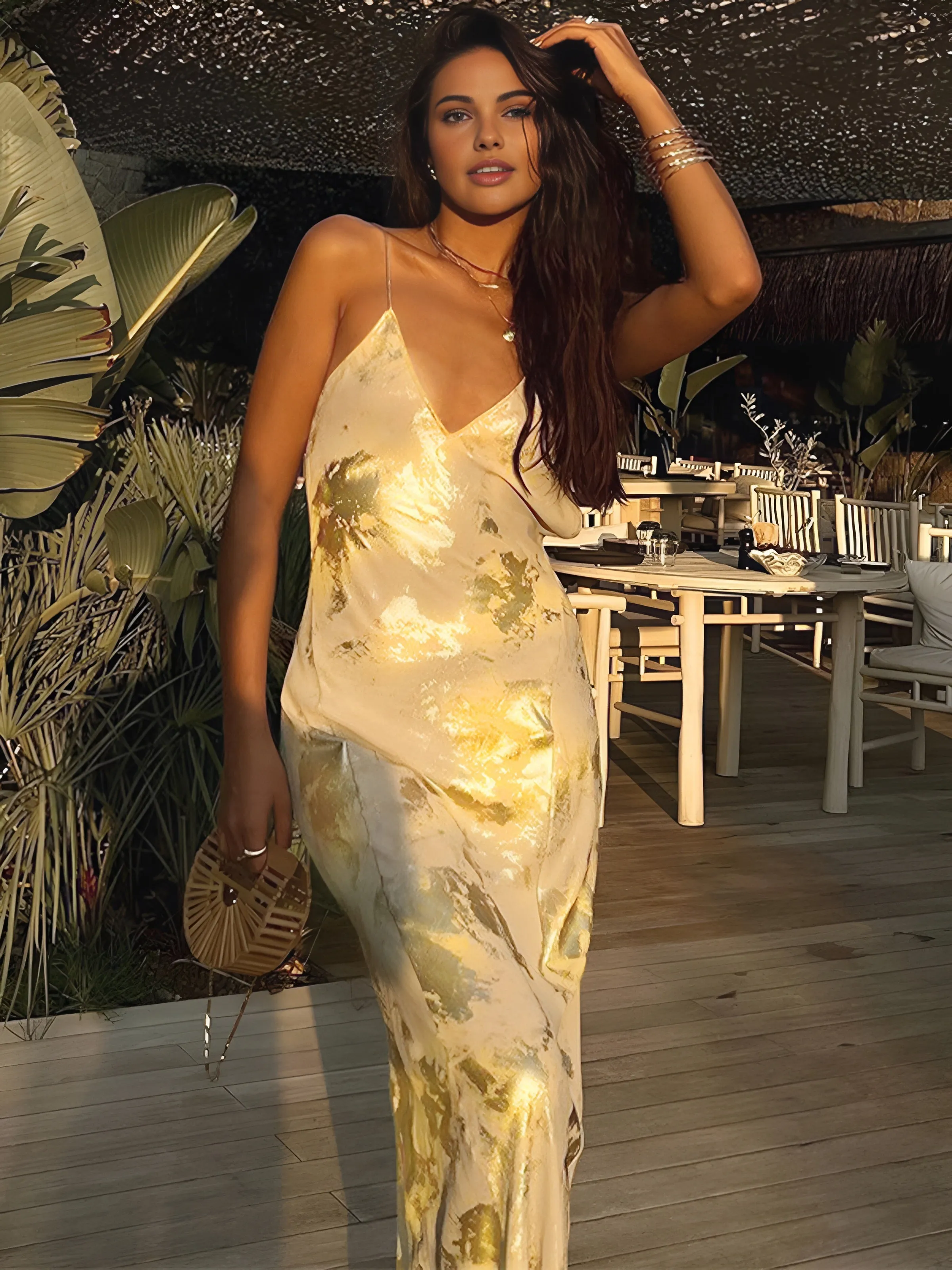 Uniwim Metallic Print V-Neck Backless Slip Long Dress