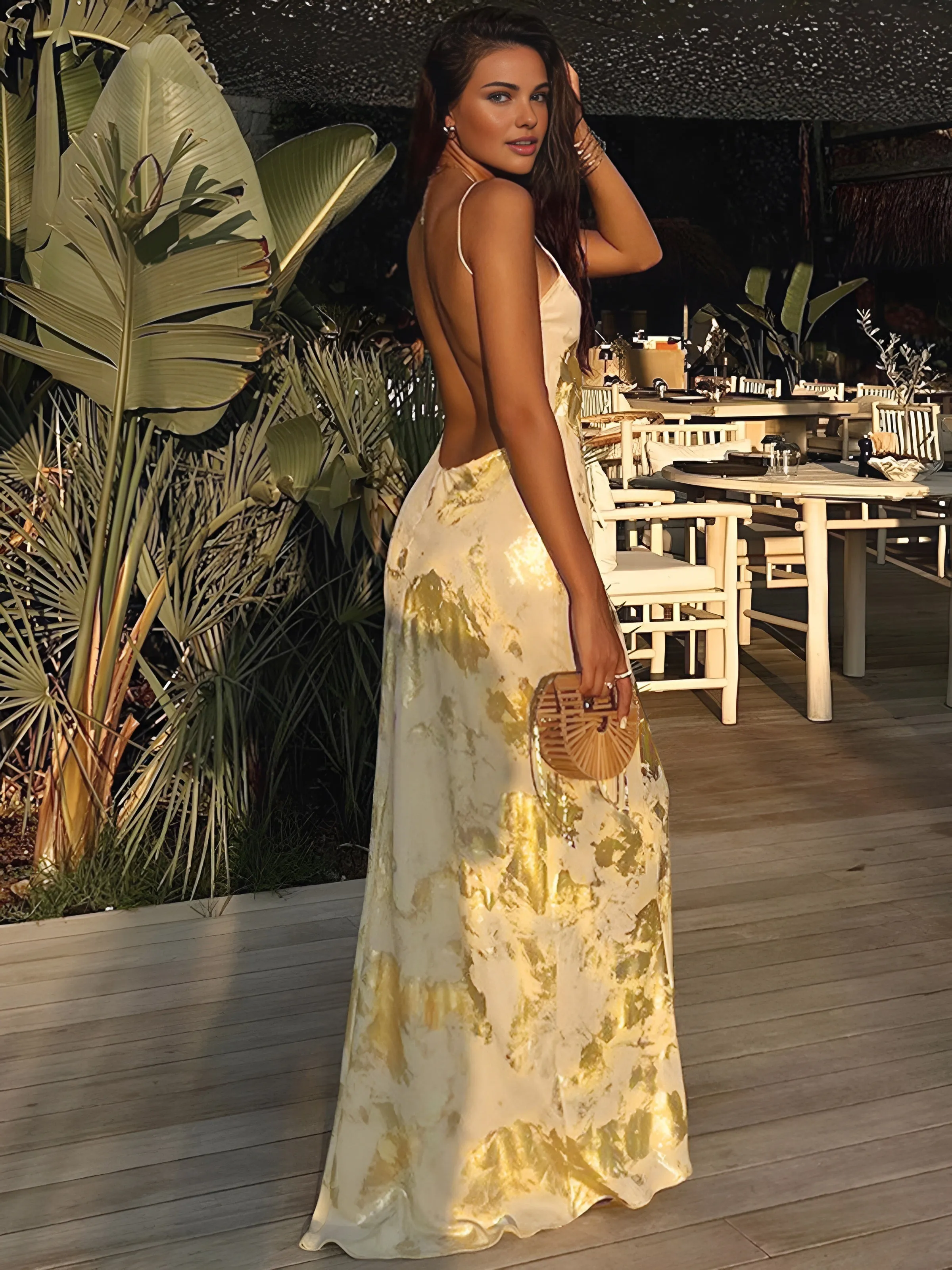 Uniwim Metallic Print V-Neck Backless Slip Long Dress