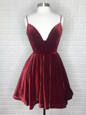 V Neck Backless Burgundy Velvet Short Prom, Short Burgundy Formal Graduation Homecoming