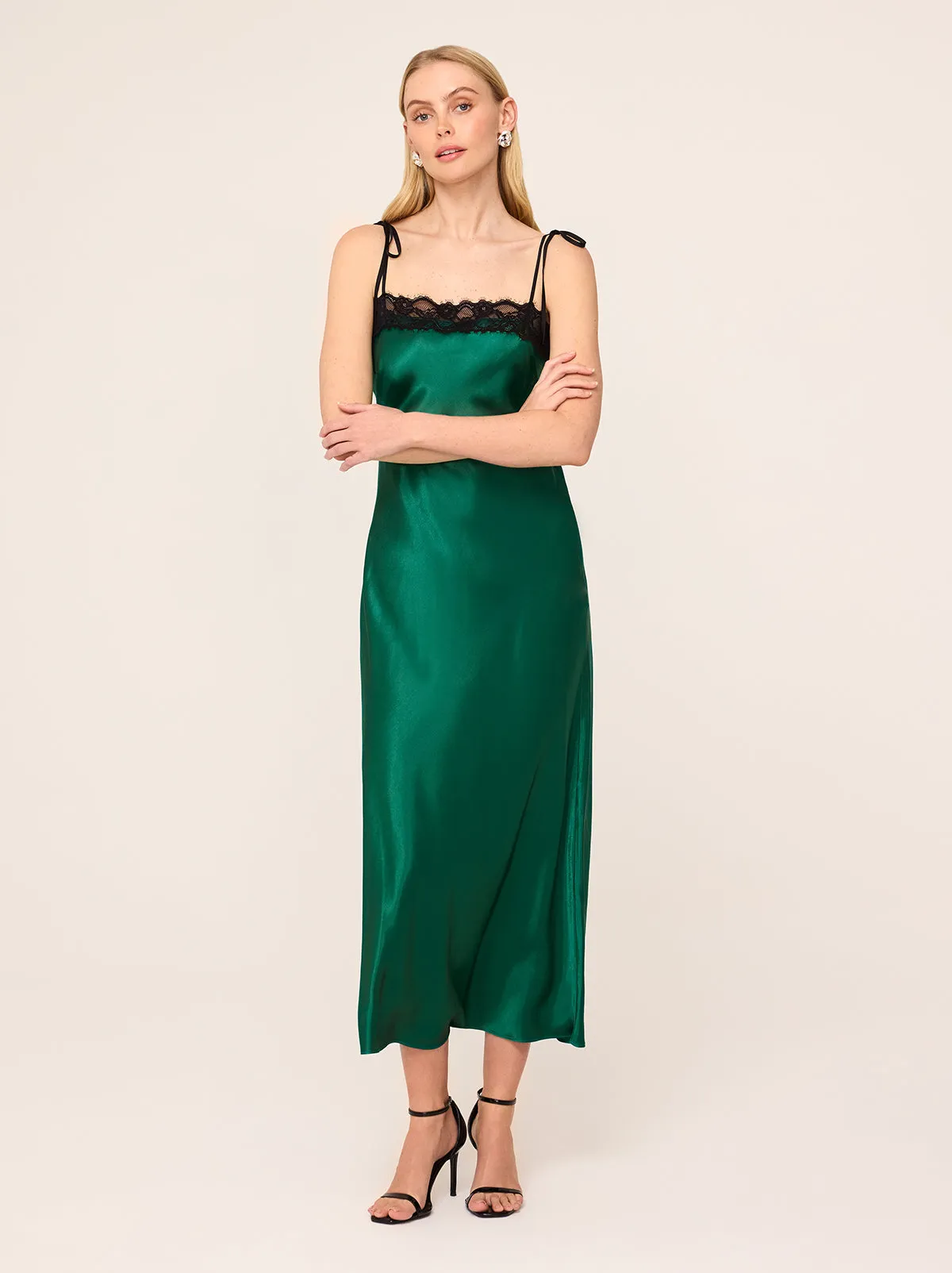 Venetia Green Satin Lace Trim Maxi Dress