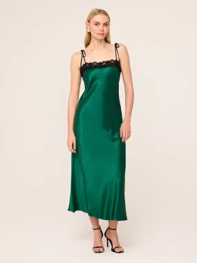 Venetia Green Satin Lace Trim Maxi Dress