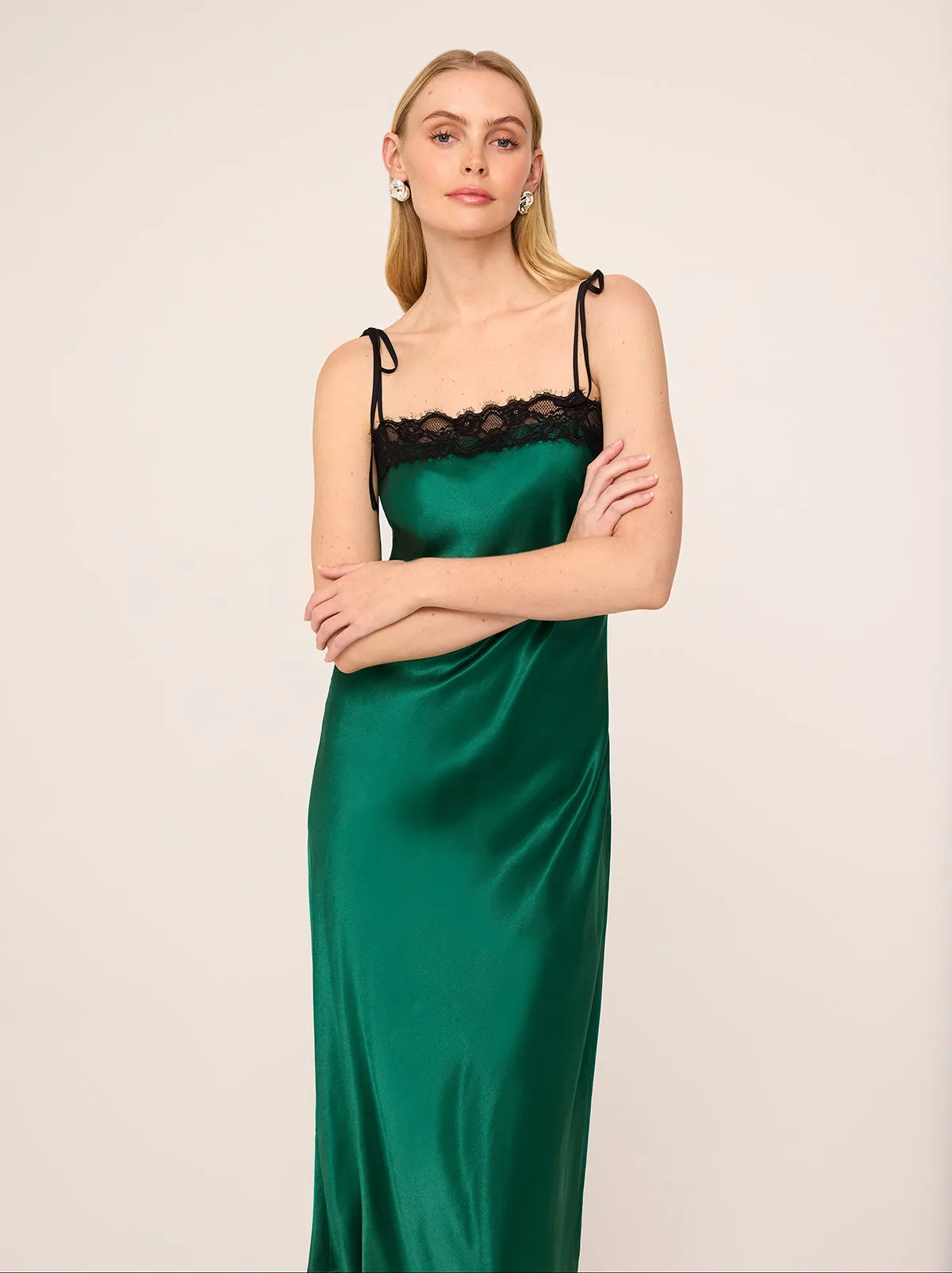 Venetia Green Satin Lace Trim Maxi Dress