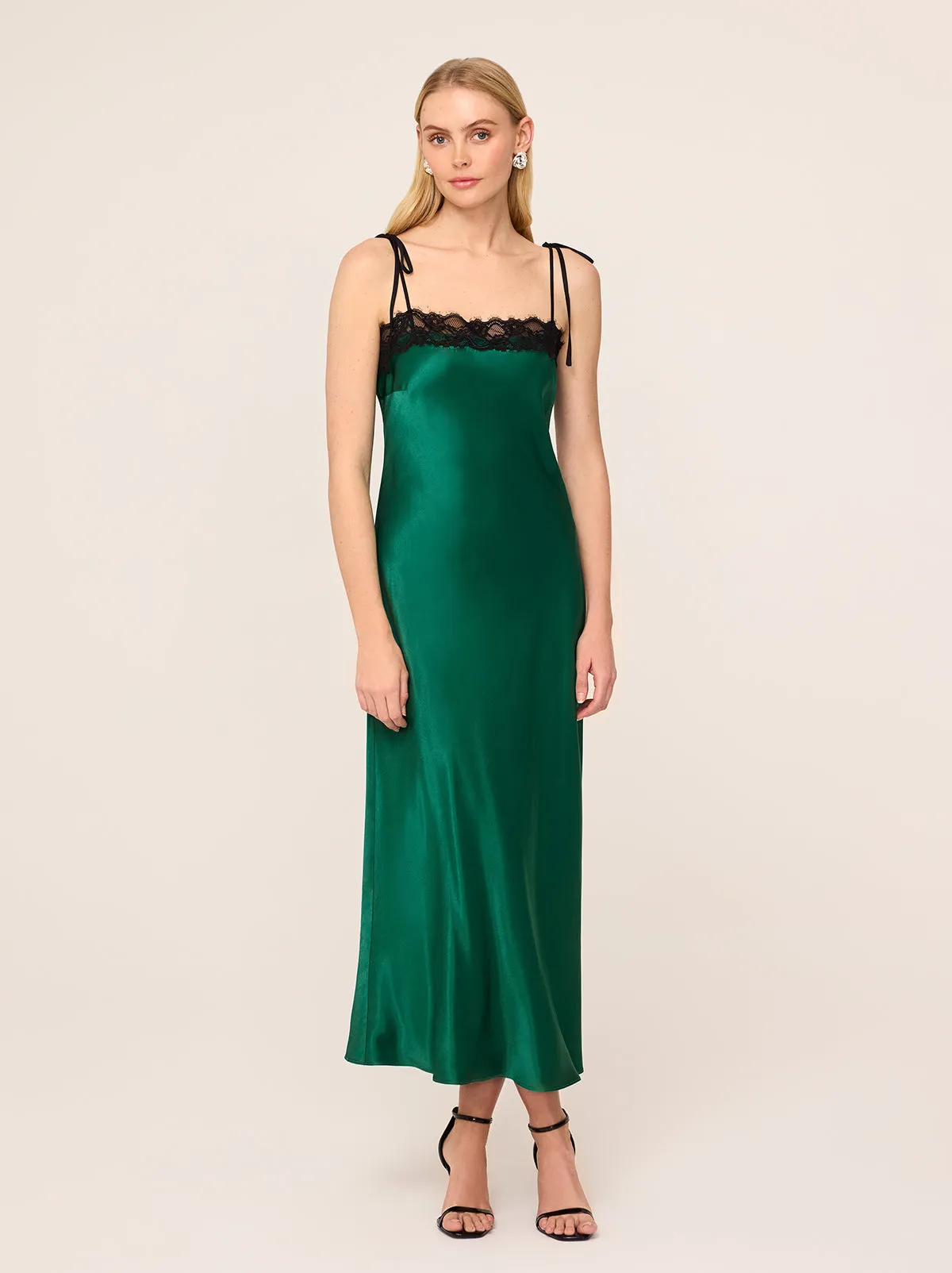 Venetia Green Satin Lace Trim Maxi Dress