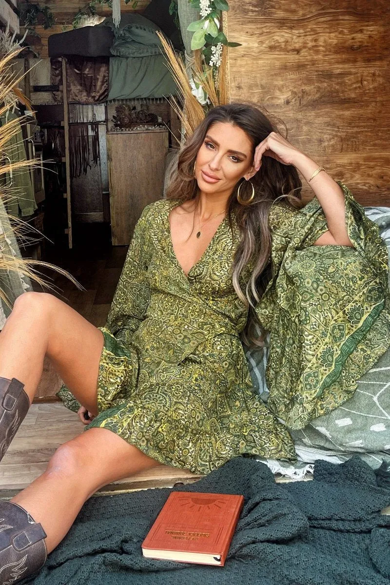 Venus Mini Wrap Dress in Coltrane Green Mandala