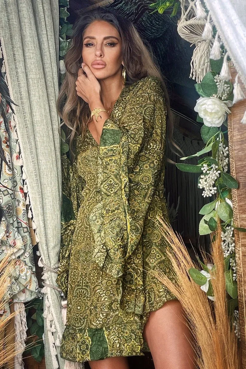 Venus Mini Wrap Dress in Coltrane Green Mandala