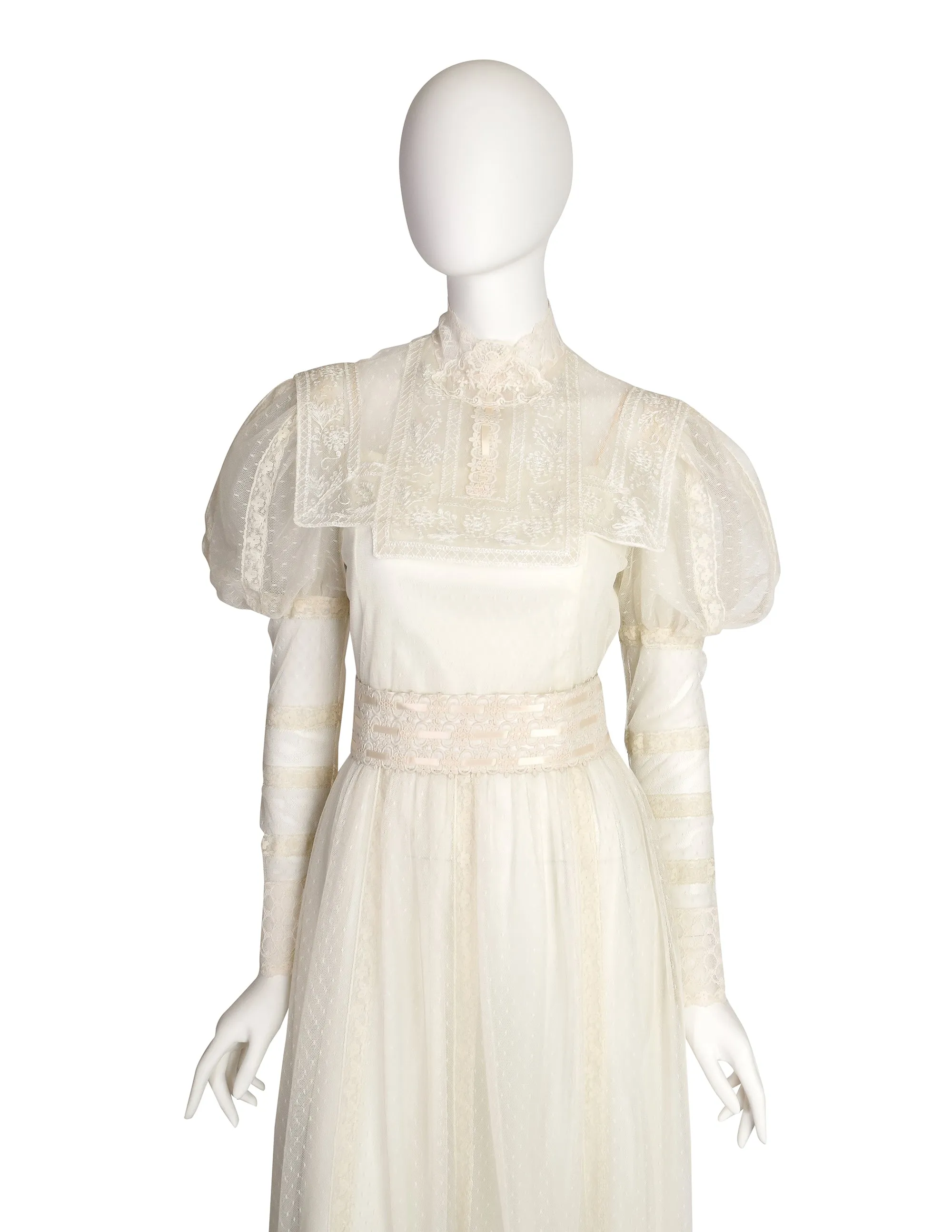 Victor Costa Vintage 1970s Cream Point D'Esprit Embroidered Lace Juliette Sleeve Gown Dress