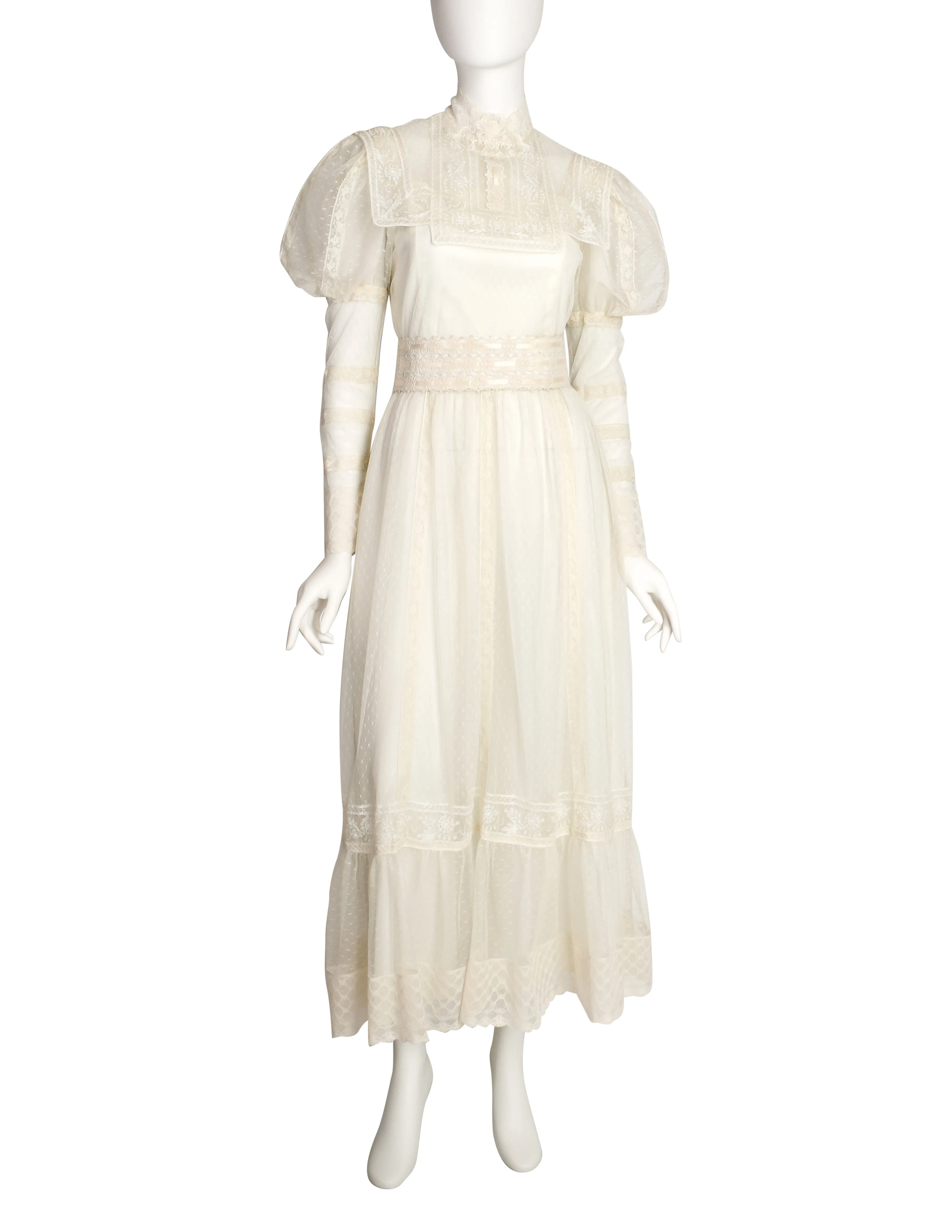 Victor Costa Vintage 1970s Cream Point D'Esprit Embroidered Lace Juliette Sleeve Gown Dress