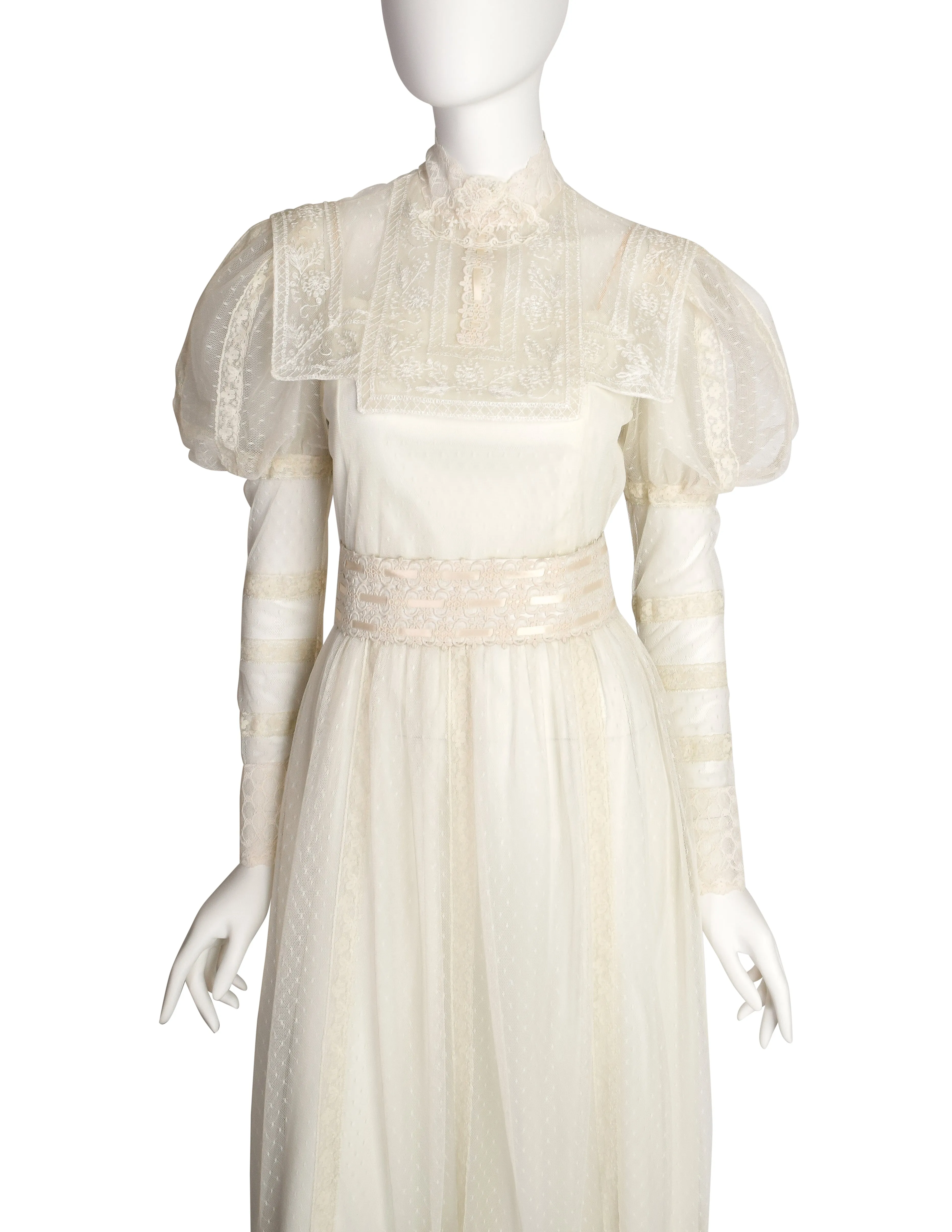 Victor Costa Vintage 1970s Cream Point D'Esprit Embroidered Lace Juliette Sleeve Gown Dress