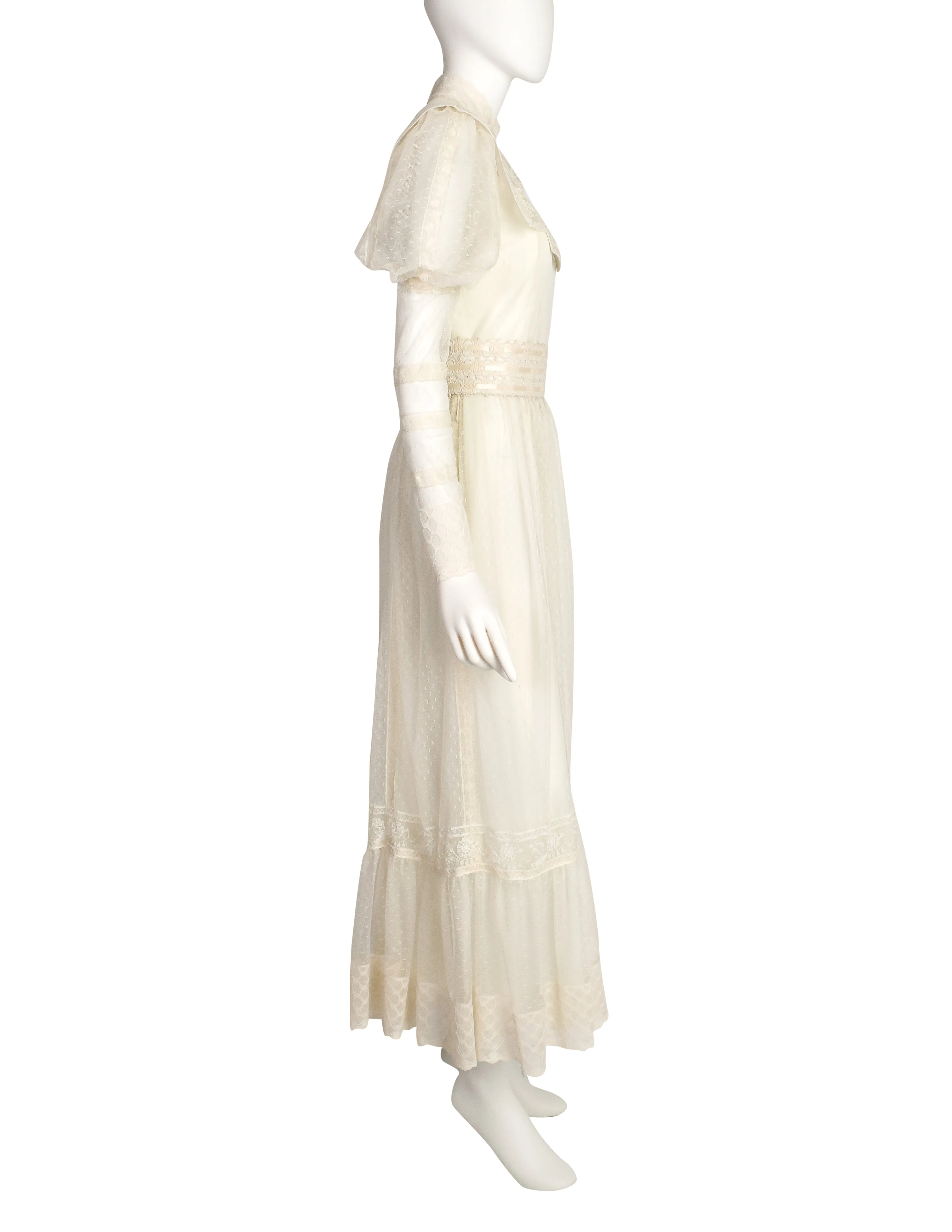 Victor Costa Vintage 1970s Cream Point D'Esprit Embroidered Lace Juliette Sleeve Gown Dress