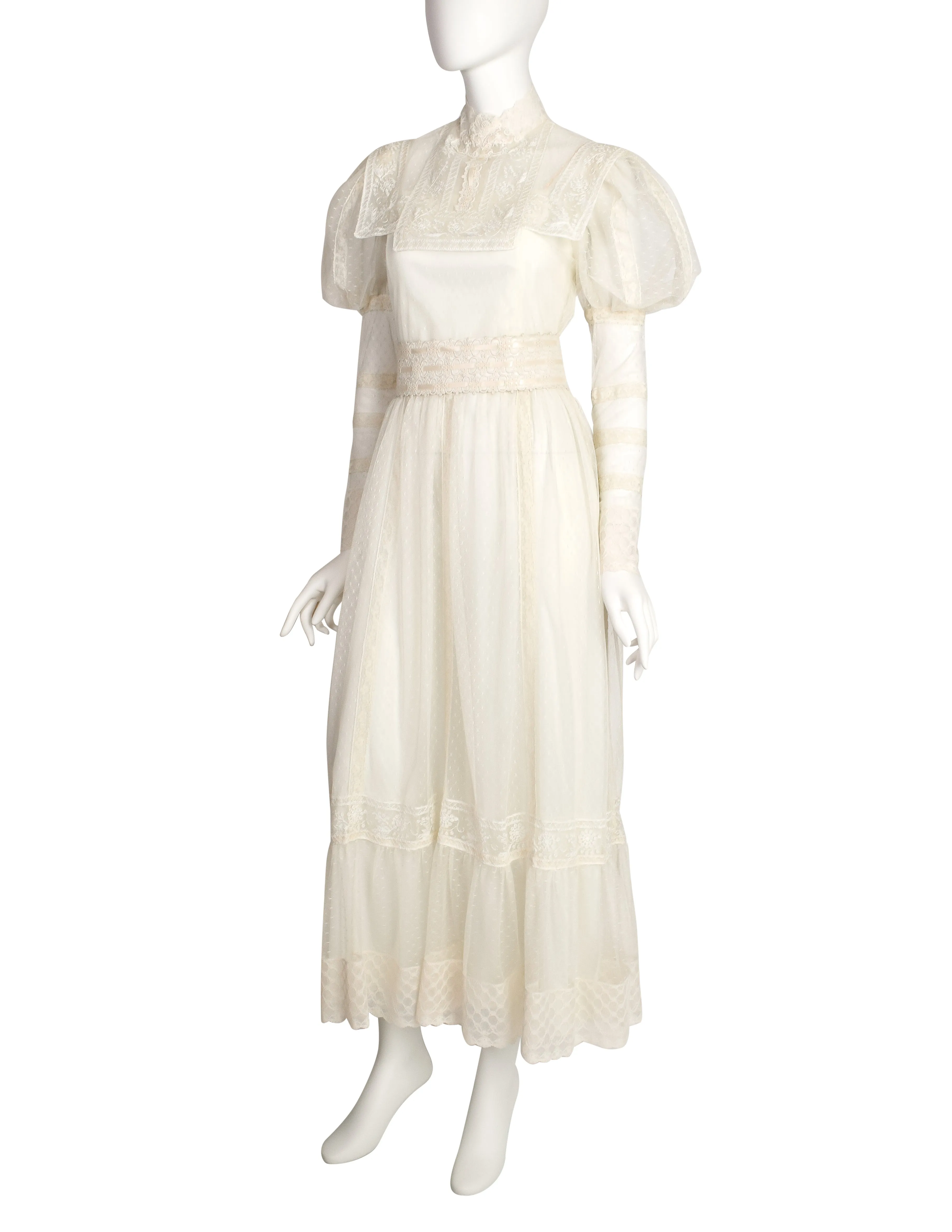 Victor Costa Vintage 1970s Cream Point D'Esprit Embroidered Lace Juliette Sleeve Gown Dress