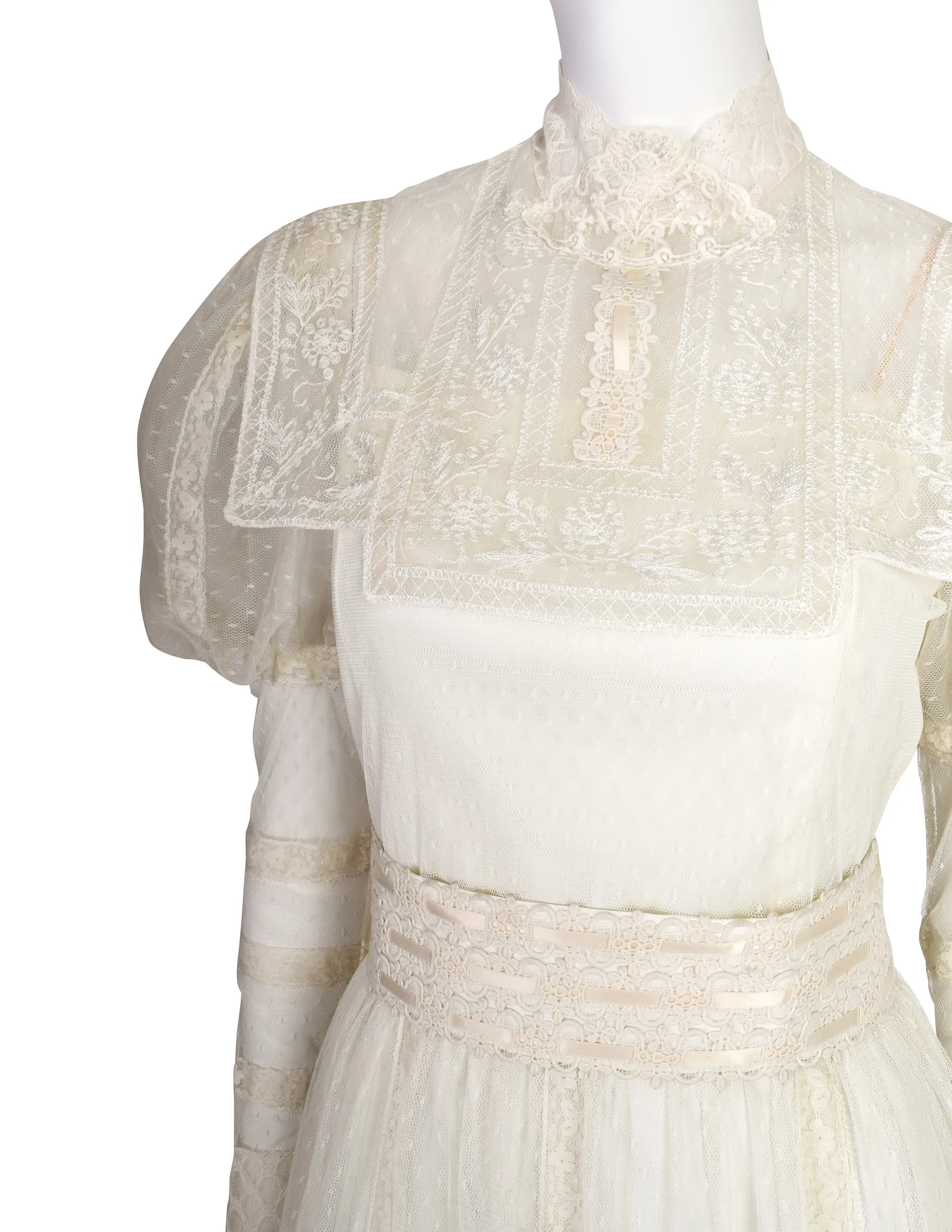 Victor Costa Vintage 1970s Cream Point D'Esprit Embroidered Lace Juliette Sleeve Gown Dress