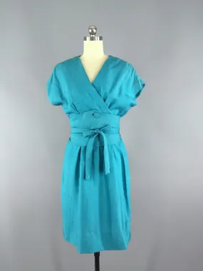 Vintage 1950s Day Dress / Blue Silk