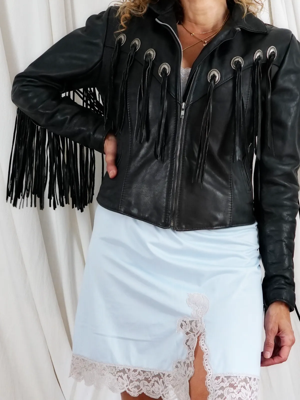 Vintage Leather Fringe Concho Biker Jacket