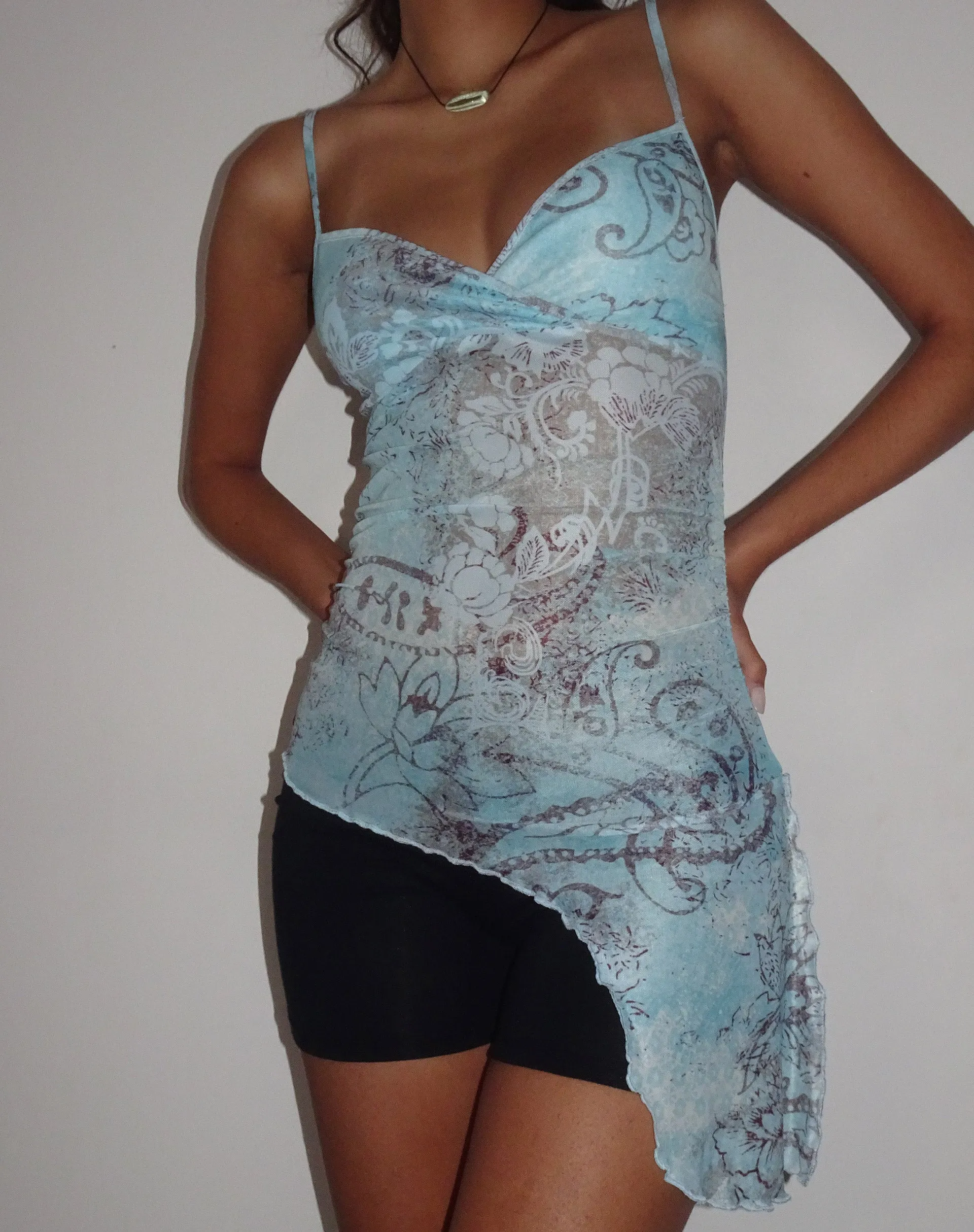 Warica Asymmetric Cami Top in Blue Paisley Abstract Rustic