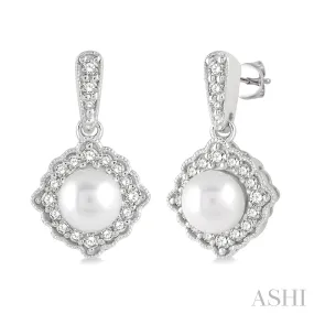 White Gold Diamond and Pearl Dangle Earrings