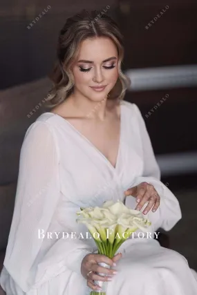 White V-neck Long Sleeves Open Back Wedding Ceremony Dress