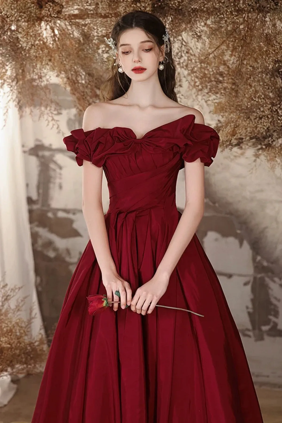 Wine Red Taffeta Long Evening Dress, Wine Red Off Shoulder Prom Dress