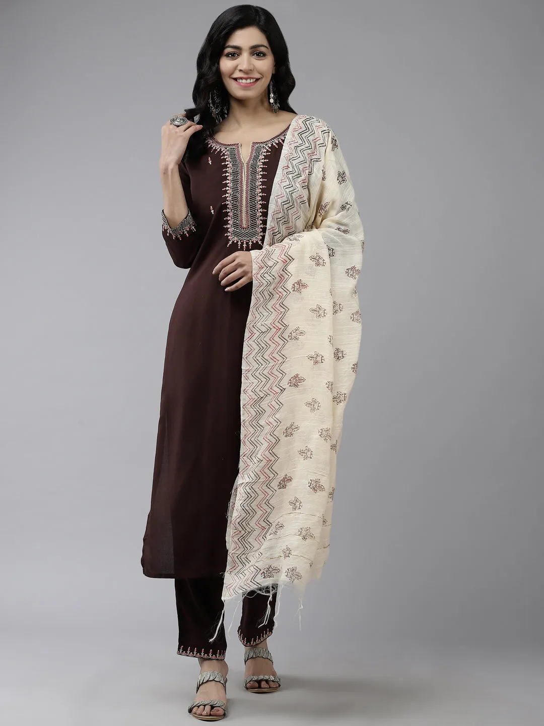 Women Coffee Brown Yoke Design Thread Work Kurta With Trousers And Dupatta Set