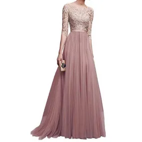 Women Long Length Pleated Skirt Elbow Sleeve Solid Colored Thin Breathable Dress - C052UD