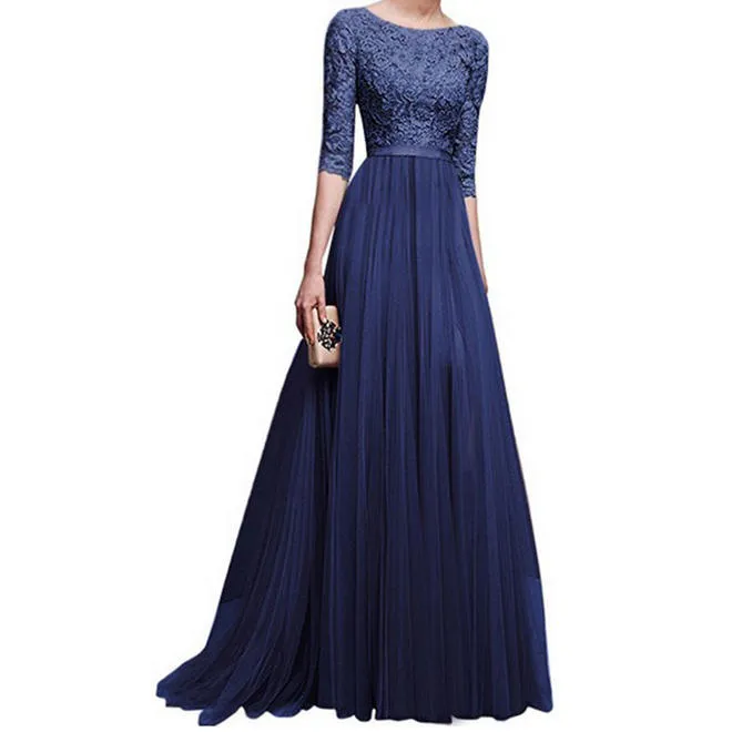 Women Long Length Pleated Skirt Elbow Sleeve Solid Colored Thin Breathable Dress - C052UD