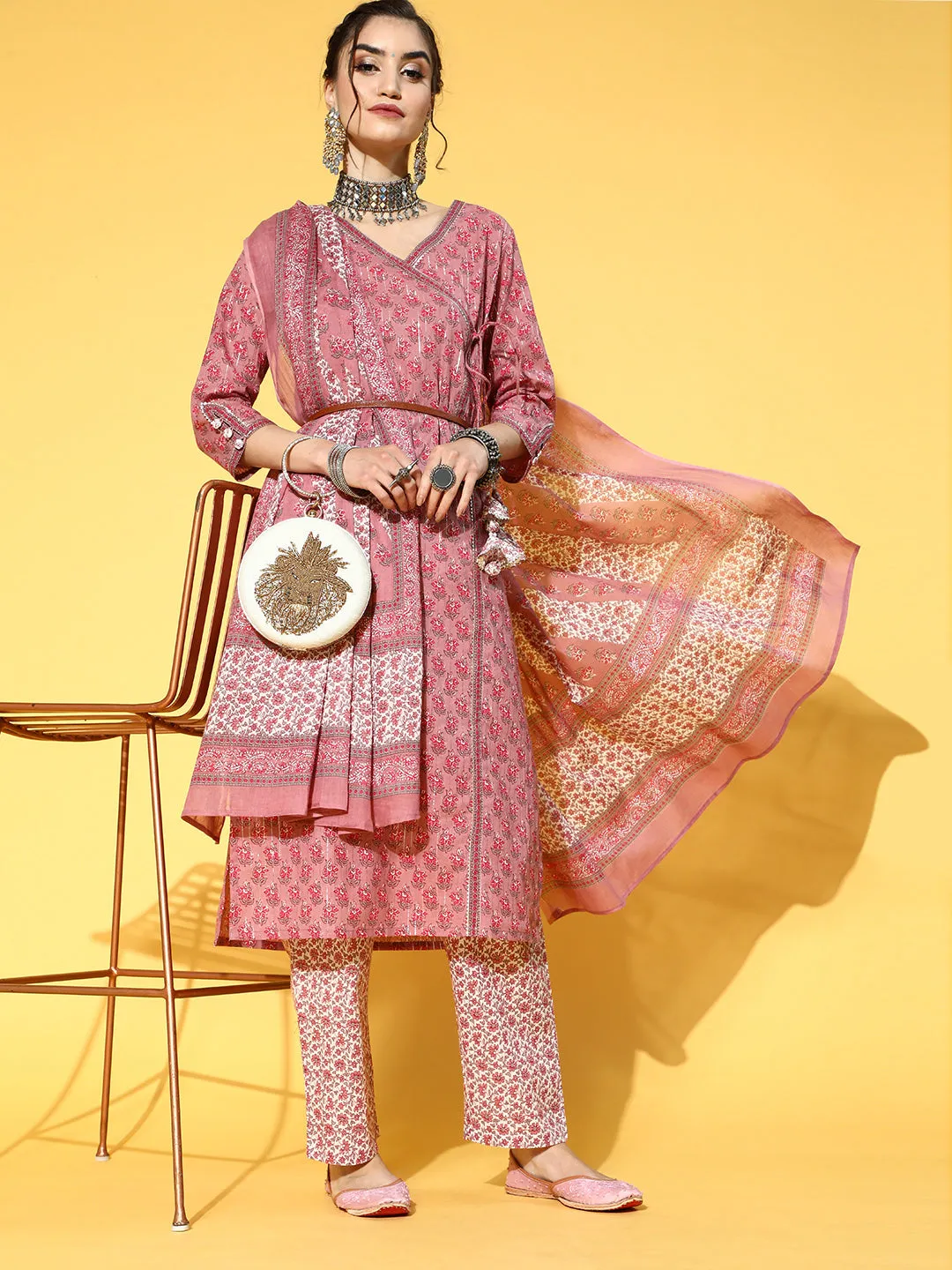 Women Mauve Ethnic Motifs Printed Angrakha Gotta Patti Pure Cotton Kurta With Trousers & With Dupatta