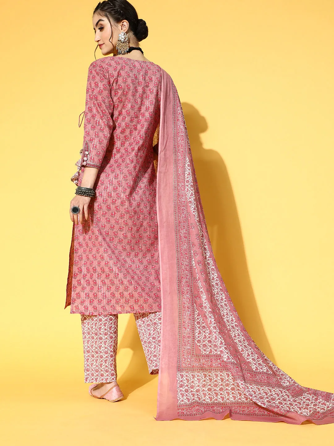 Women Mauve Ethnic Motifs Printed Angrakha Gotta Patti Pure Cotton Kurta With Trousers & With Dupatta