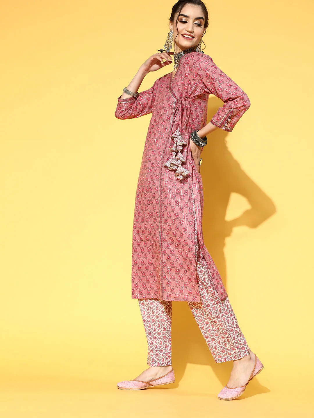 Women Mauve Ethnic Motifs Printed Angrakha Gotta Patti Pure Cotton Kurta With Trousers & With Dupatta