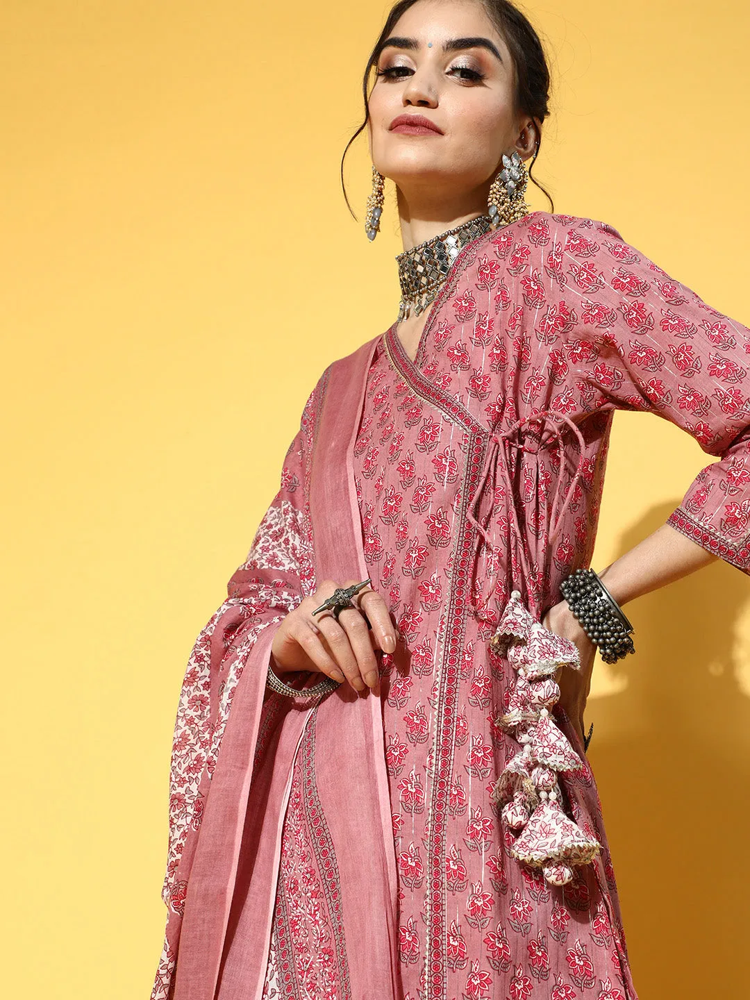 Women Mauve Ethnic Motifs Printed Angrakha Gotta Patti Pure Cotton Kurta With Trousers & With Dupatta