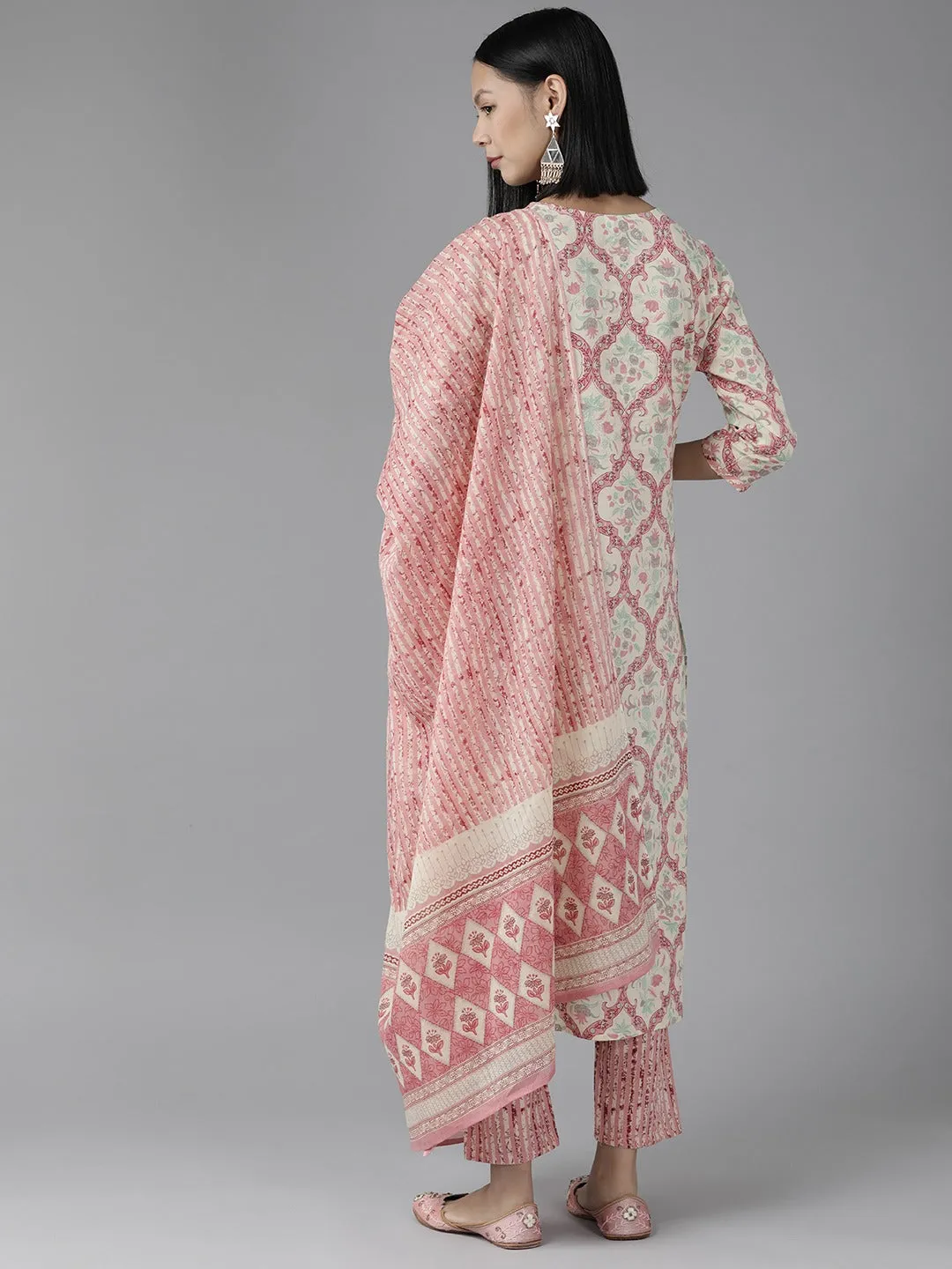 Women Pink And Cream Pure Cotton Kurta Set With Dupatta