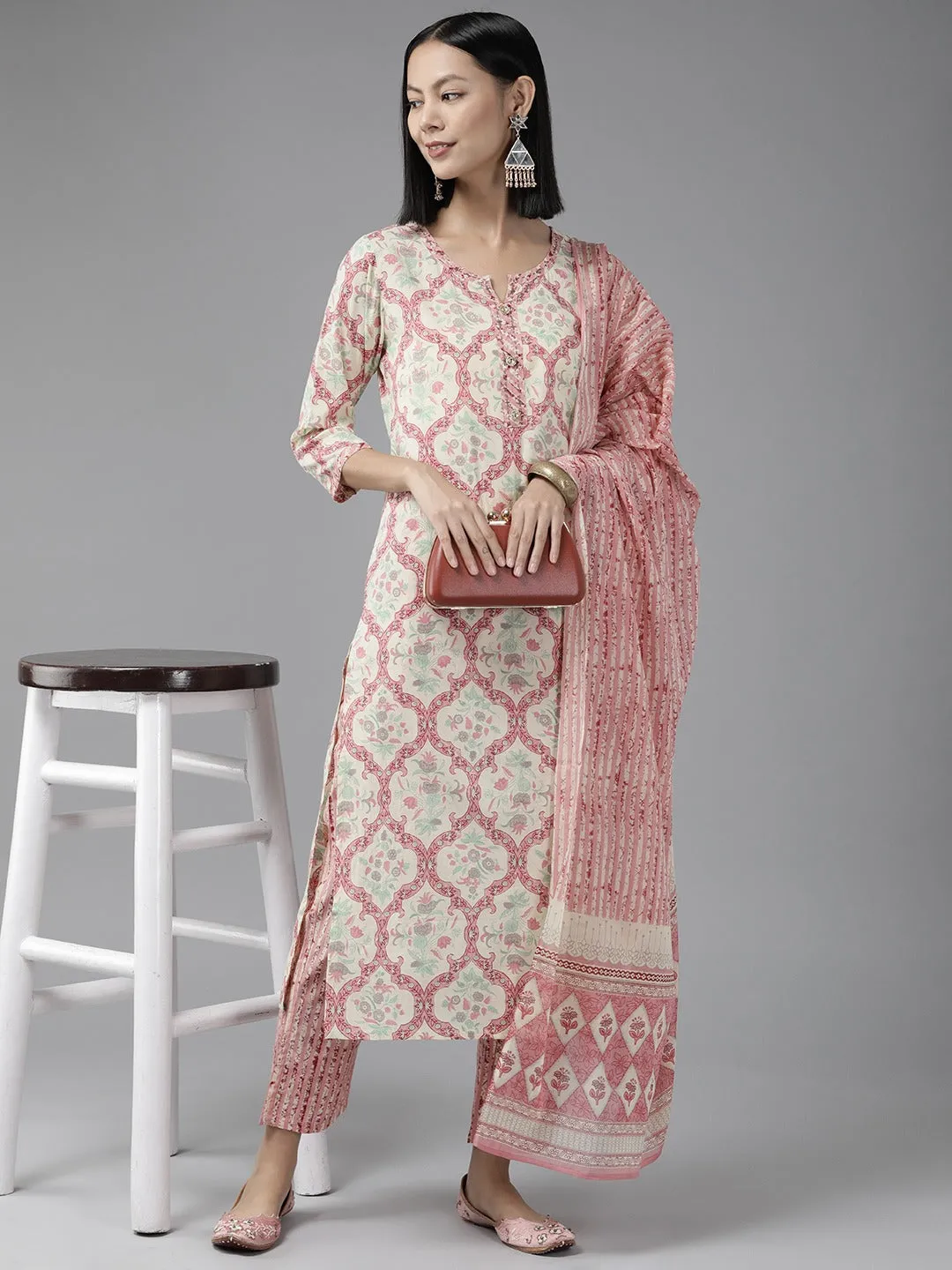 Women Pink And Cream Pure Cotton Kurta Set With Dupatta