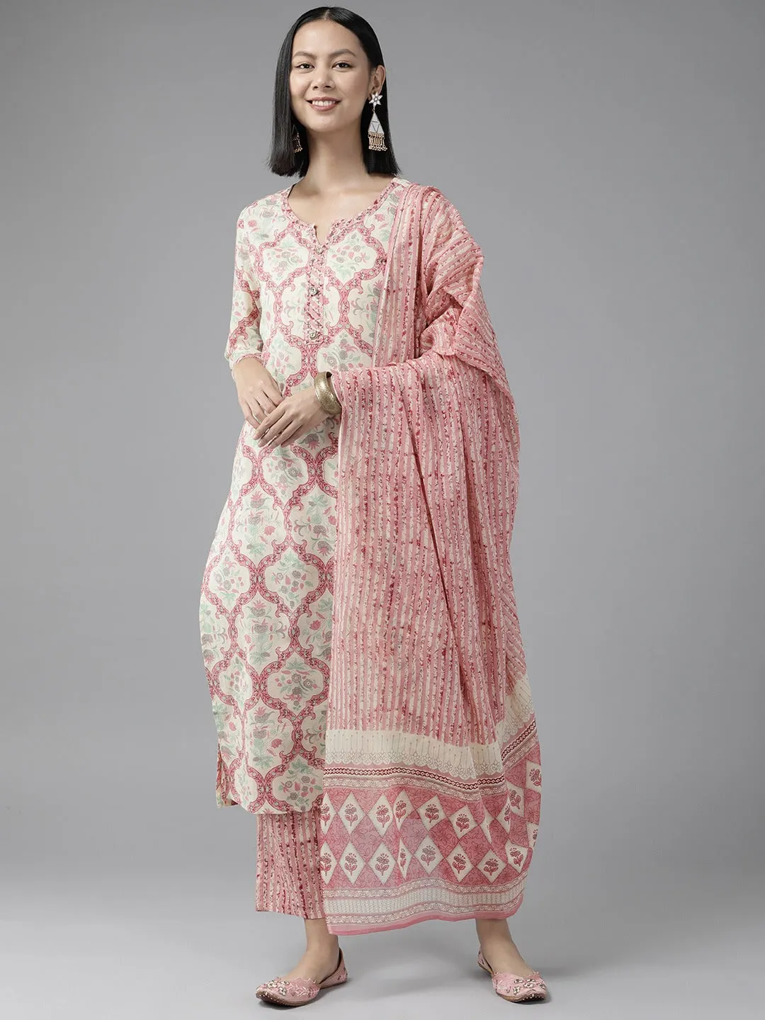 Women Pink And Cream Pure Cotton Kurta Set With Dupatta