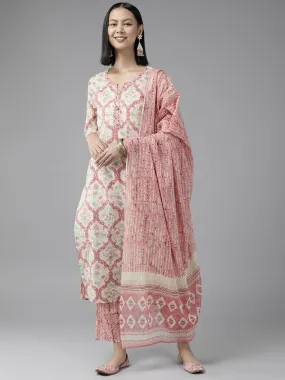 Women Pink And Cream Pure Cotton Kurta Set With Dupatta