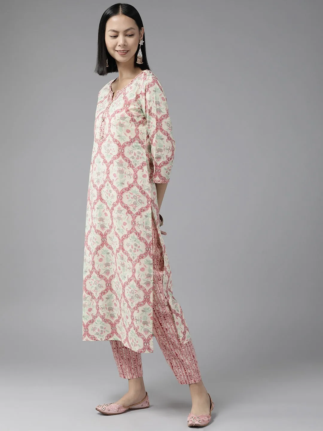 Women Pink And Cream Pure Cotton Kurta Set With Dupatta