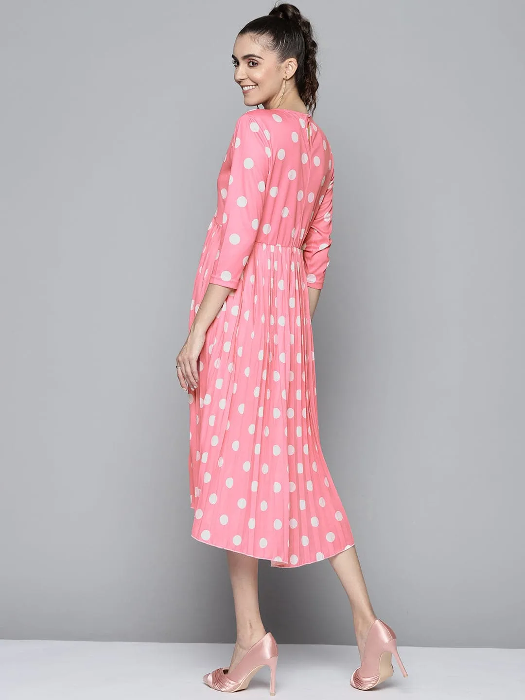 Women Pink And White Polka Dot Round Neck Pleated Dress