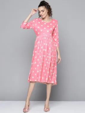 Women Pink And White Polka Dot Round Neck Pleated Dress