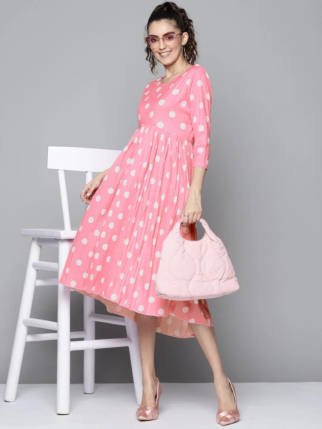 Women Pink And White Polka Dot Round Neck Pleated Dress