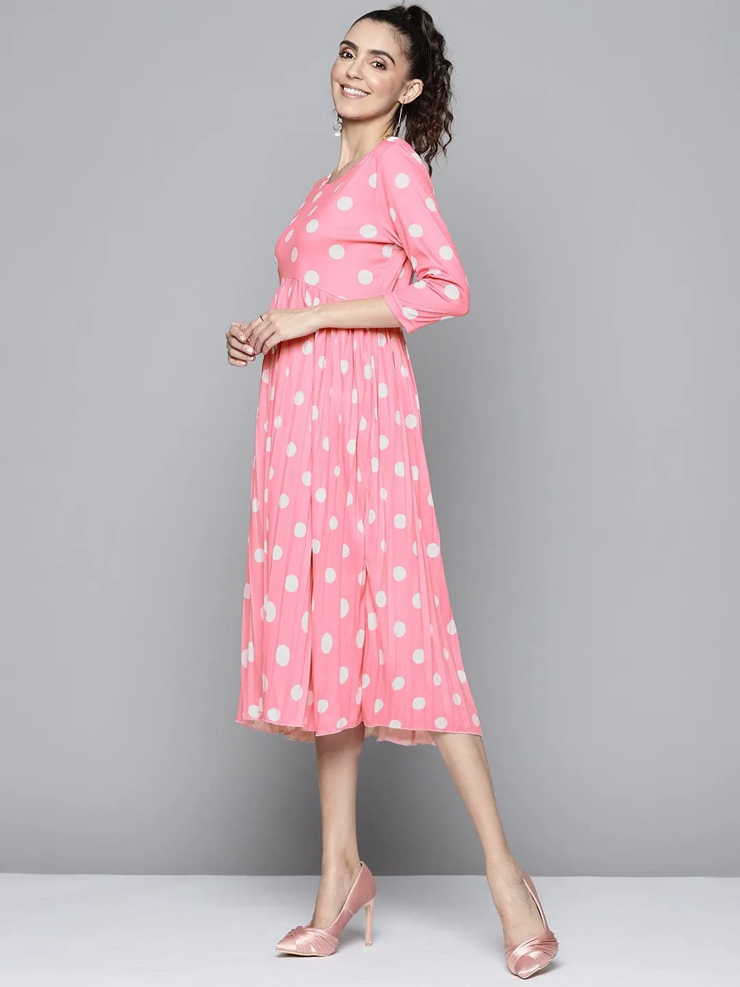 Women Pink And White Polka Dot Round Neck Pleated Dress