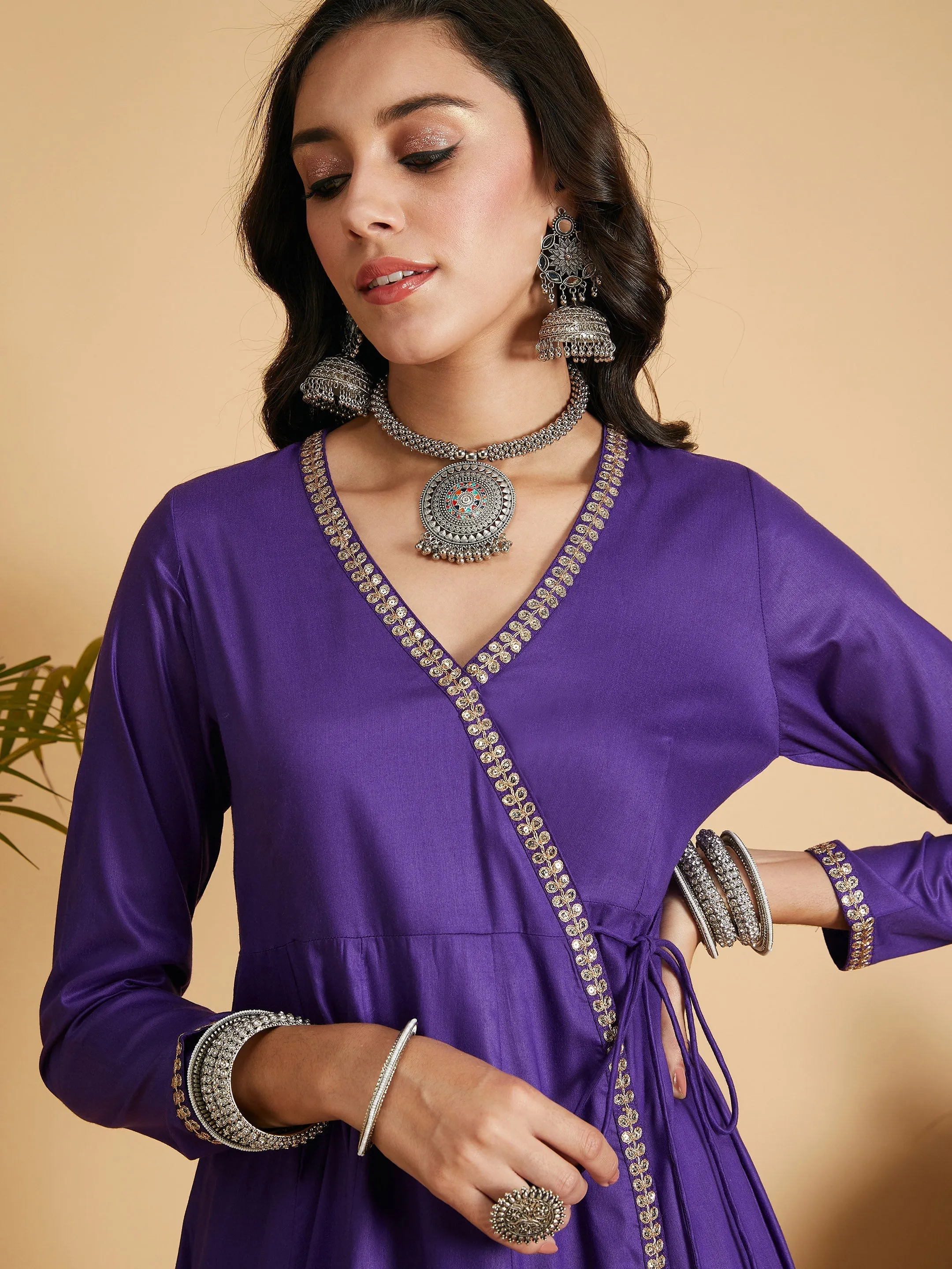 Women Purple Angrakha Anarkali Dress With Slip