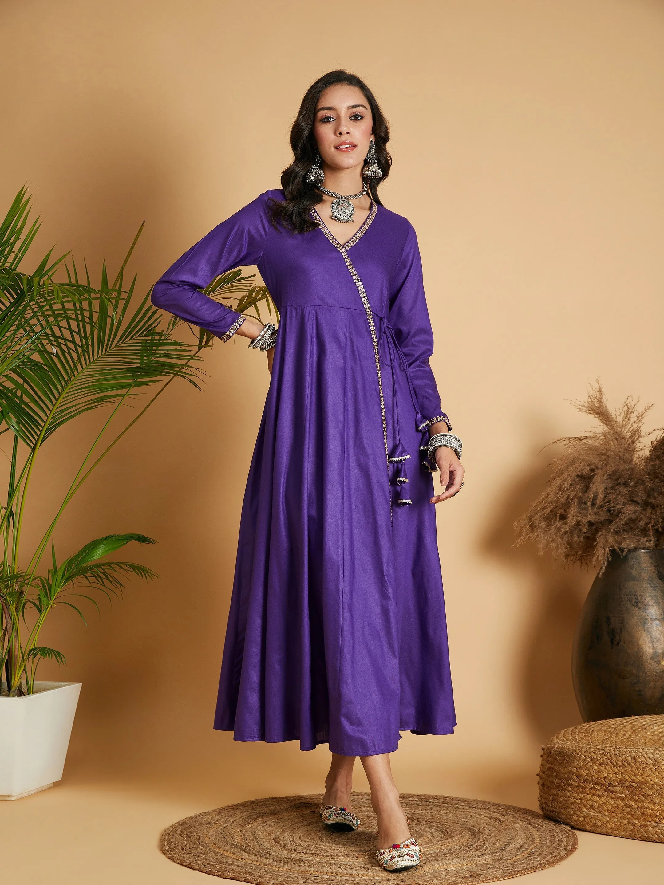 Women Purple Angrakha Anarkali Dress With Slip