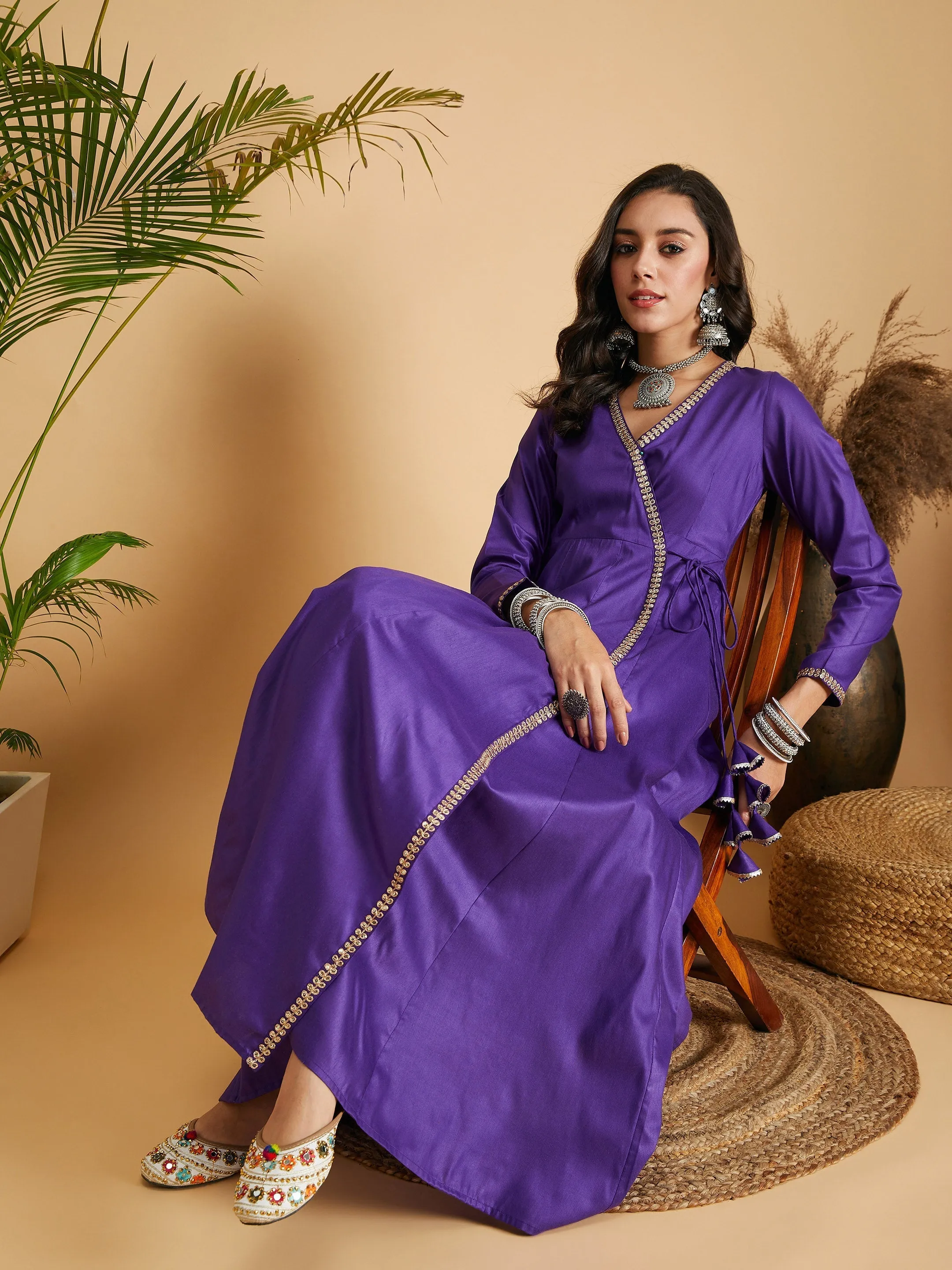 Women Purple Angrakha Anarkali Dress With Slip