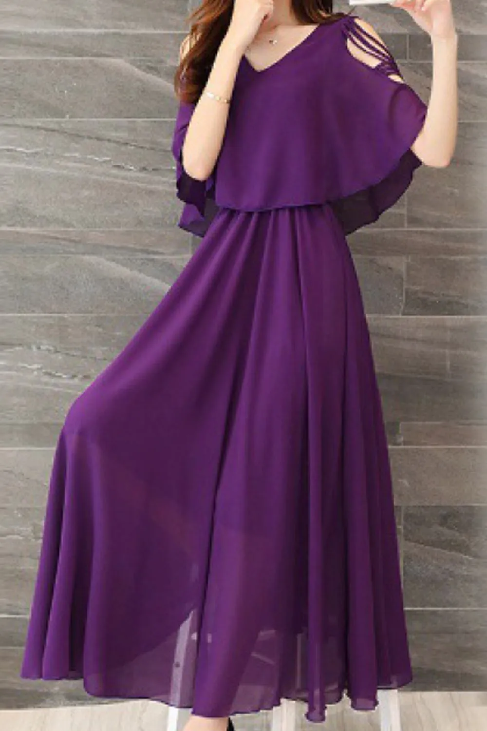 Women Restful V-Neck Breathable Short Sleeve Long Length Pleated Styled Amazing Solid Colored Dress - WPD66853