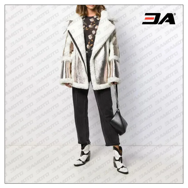 Womens Metallic Puffer Shearling Coat