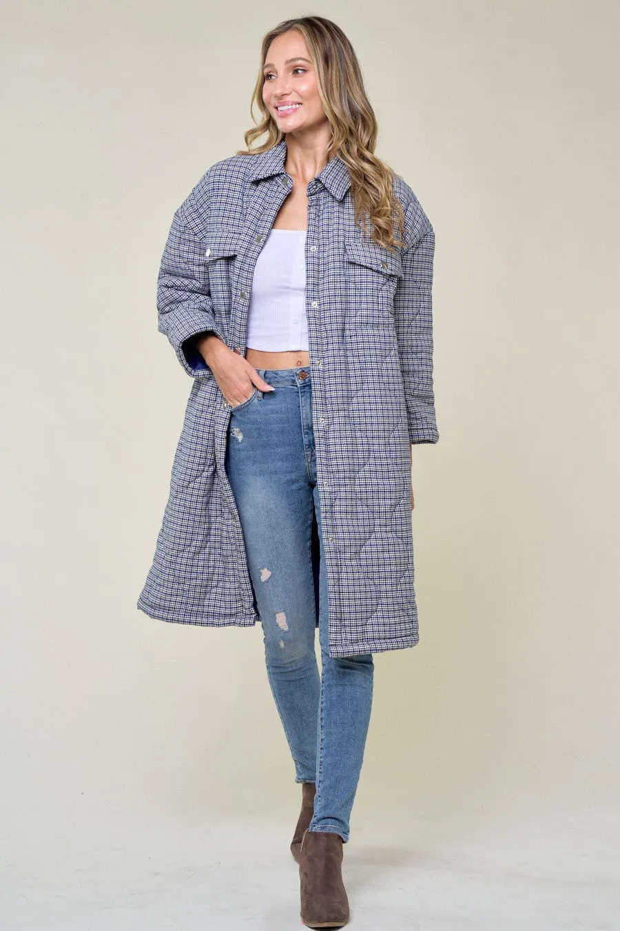 Women's Onion Quilted Checker Cotton Padded Long Coat