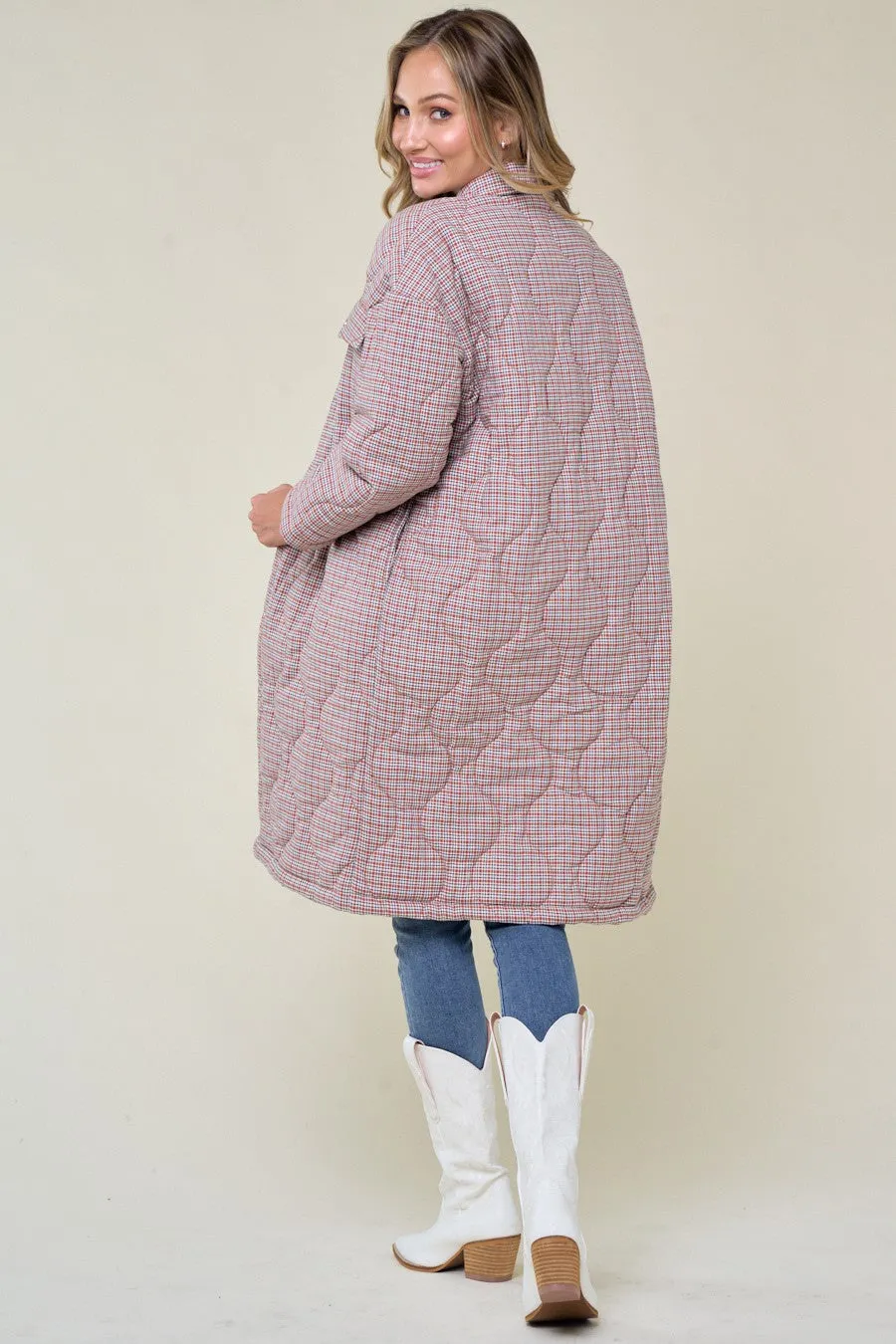 Women's Onion Quilted Checker Cotton Padded Long Coat